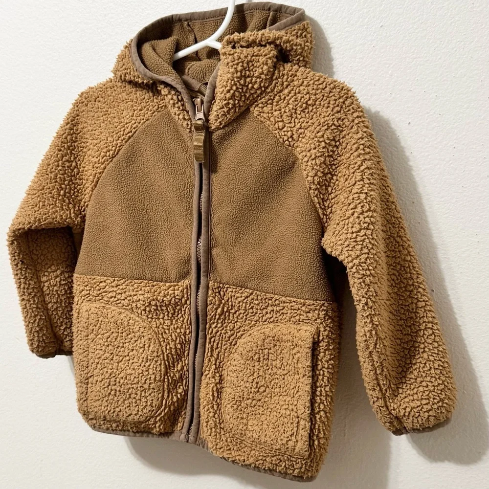 CAT & JACK · TODDLER BOYS' TAN TEDDY FULL ZIP HOODED FLEECE JACKET - 2T - Picture 3 of 5